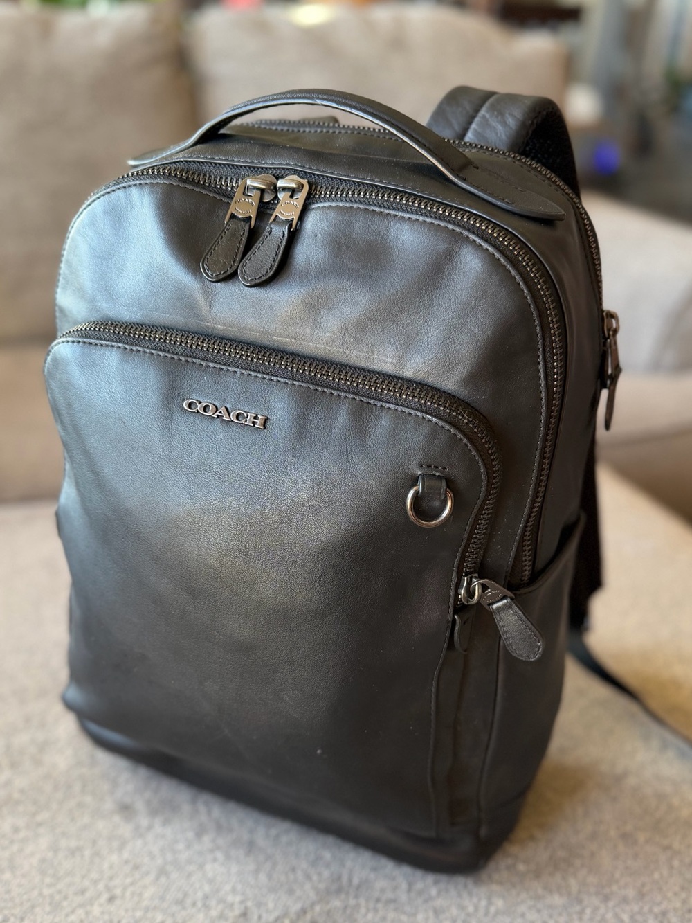 Coach Black Leather Men's Backpack with Front Zip Pocket
